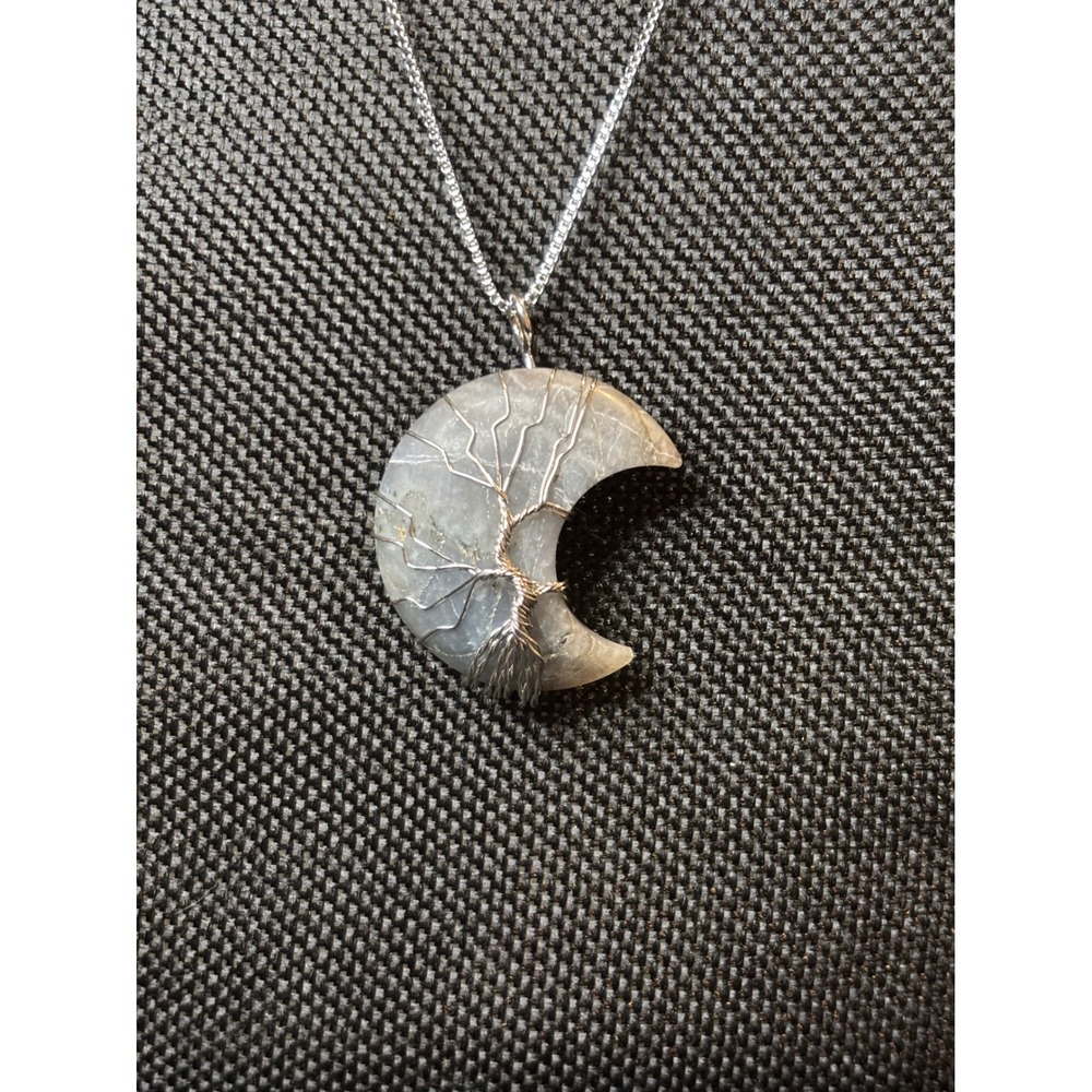 Labradorite Tree of Life Crescent Moon Wire Wrapped Necklace Stainless Steel